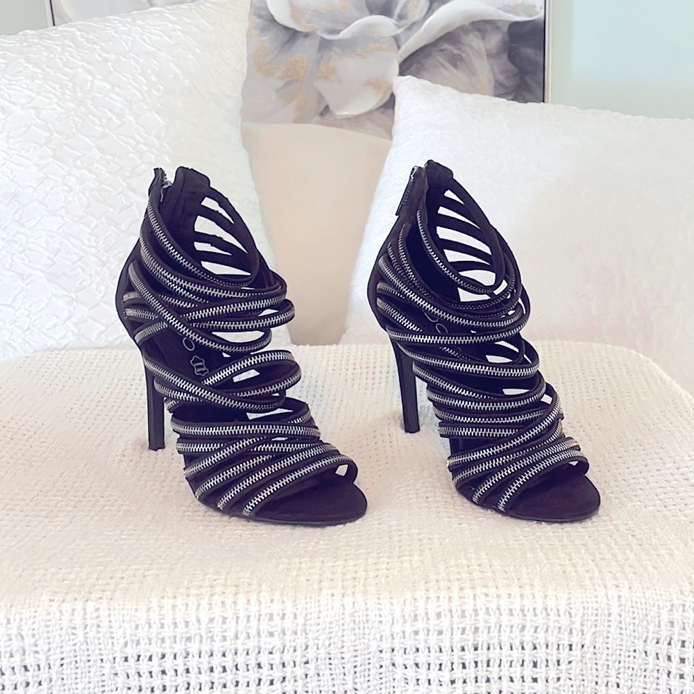 Aldo  Black Leather Strappy heels with silver embellishments & zipper back.